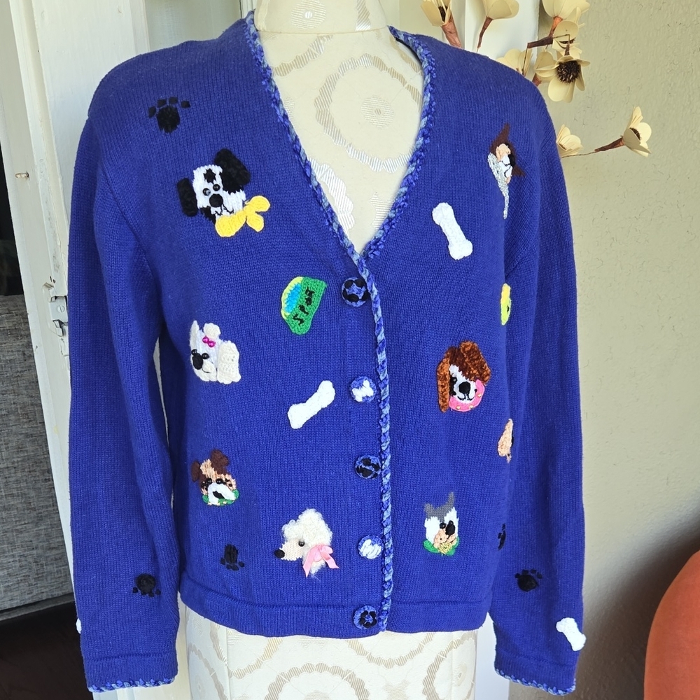 Vintage Blue Dog-Themed Cardigan